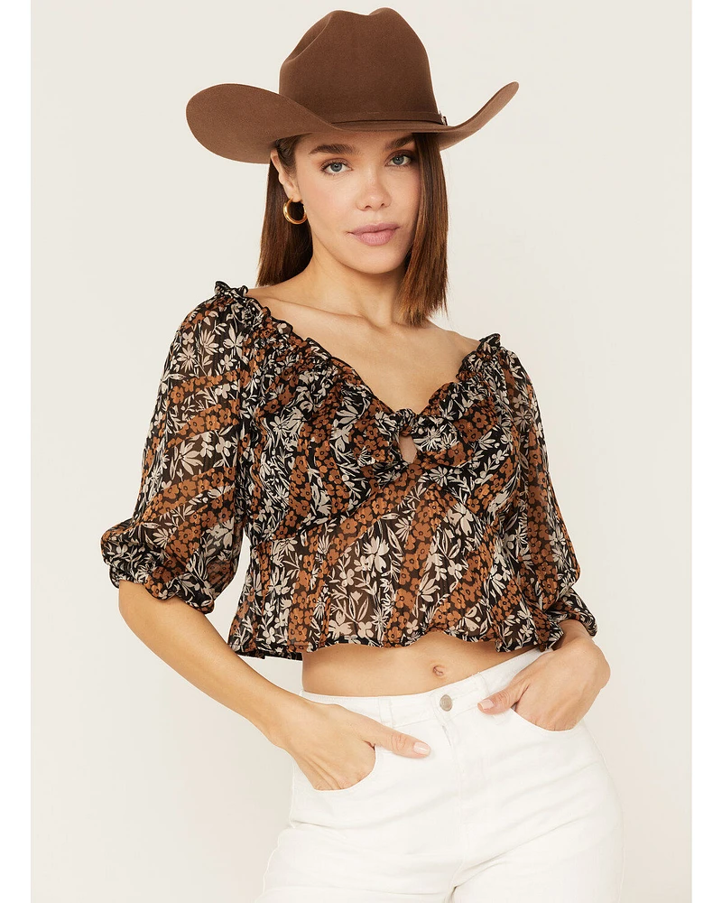 Wild Moss Women's Floral Print Tie-Front Peplum Crop Top