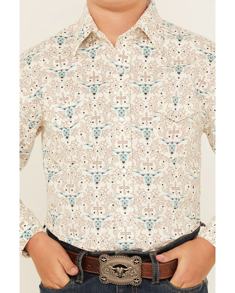 Rough Stock by Panhandle Boys' Steer Head Printed Long Sleeve Pearl Snap Western Shirt