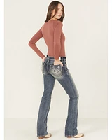Grace LA Women's Medium Wash Mid Rise Star Horseshoe Bootcut Stretch Denim Jeans