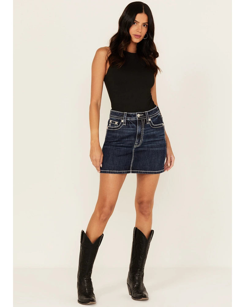 Miss Me Women's Dark Wash Embroidered Pocket Stretch Denim Mini Skirt