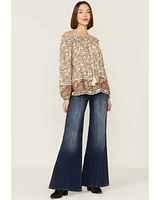 Wild Moss Women's Cream Floral Border Print Off Shoulder Woven Top