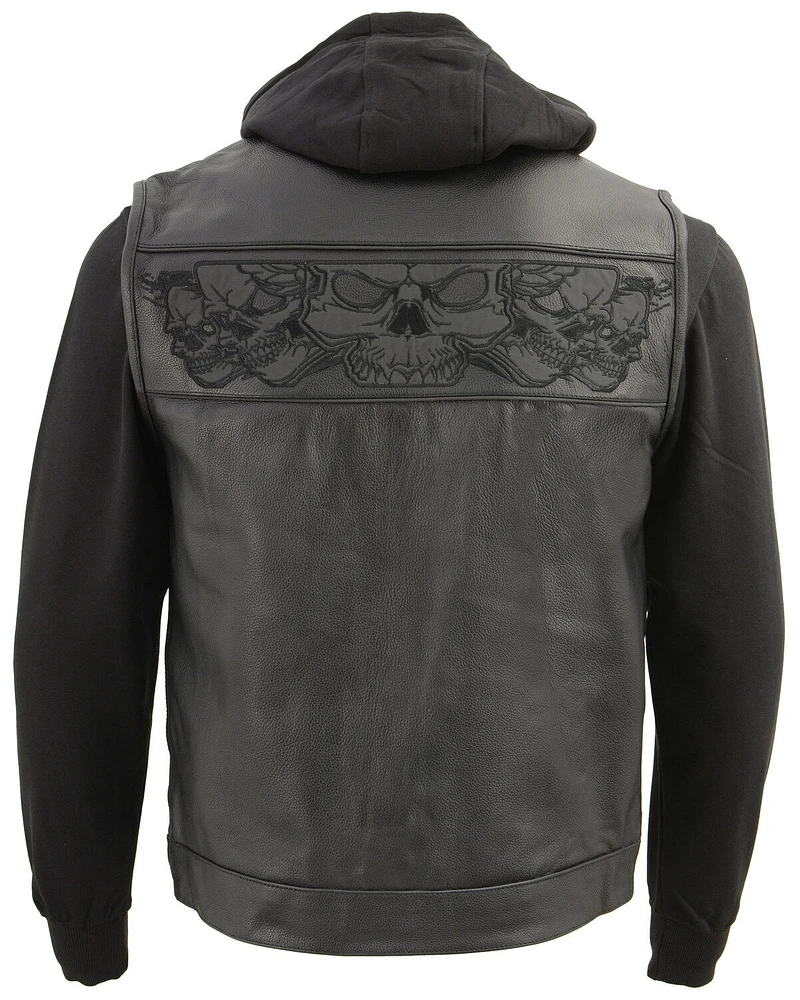 Milwaukee Leather Men's Concealed Carry Vest with Reflective Skulls and Removeable Hoodie