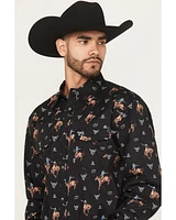 Cowboy Hardware Men's Vintage Bronco Print Long Sleeve Snap Stretch Western Shirt
