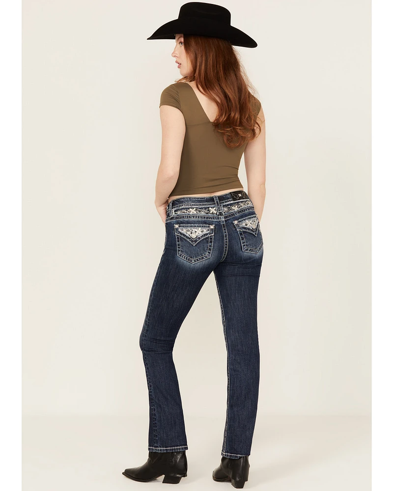 Miss Me Women's Dark Wash Snowflake Embroidered Slim 32" Bootcut Stretch Denim Jeans