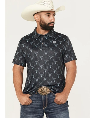 Rock & Roll Denim Men's Longhorn Print Short Sleeve Button-Down Stretch Polo Shirt