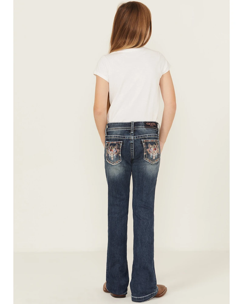 Grace LA Girls' Floral Steerhead Embroidered Dark Wash Bootcut Stretch Denim Jeans