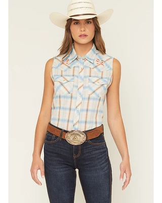 Ely Walker Women's Bow Embroidered Plaid Print Sleeveless Pearl Snap Western Shirt