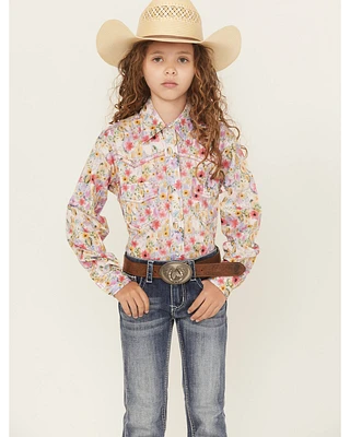 Cowgirl Hardware Girls' Floral Print Long Sleeve Rhinestone Snap Stretch Western Shirt