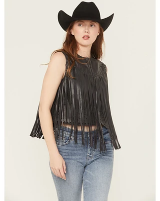 Blue B Women's Faux Leather Bandana Laser Cut Fringe Vest