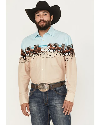 Panhandle Slim Men's Horse Border Print Long Sleeve Pearl Snap Western Shirt