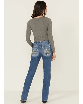 Shyanne Mid Rise Medium Wash Bootcut Wing Faux Flap Stretch Denim Jeans
