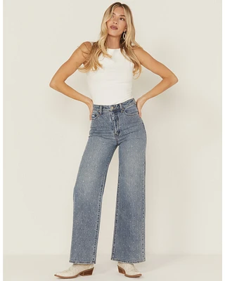 Daze Women's Far Out Medium Wash High Rise Studded Wide Leg Denim Jeans