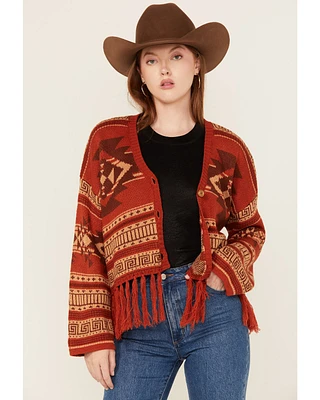 Rock & Roll Denim Women's Southwestern Print Fringe Cardigan