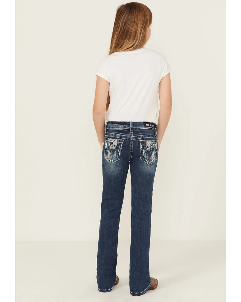 Grace LA Girls' Paisley Embroidered Medium Wash Bootcut Stretch Denim Jeans