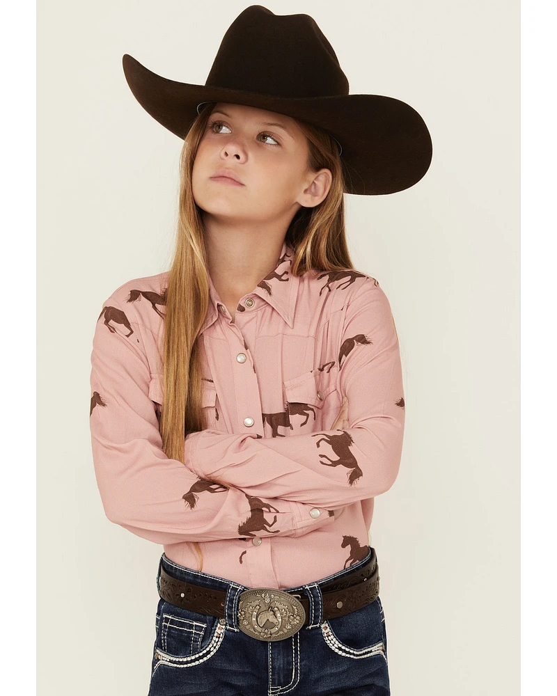 Roper Girls' Running Horse Print Long Sleeve Snap Western Shirt
