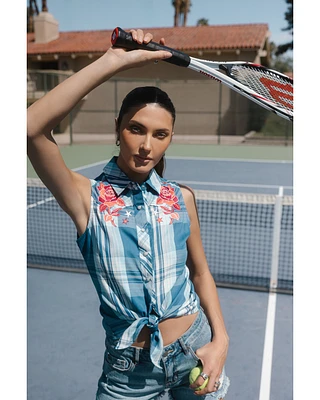Idyllwind Women's Plaid Print Embroidered Front Sleeveless Snap Western Shirt