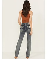 Grace LA Women's Medium Wash Floral Embroidered Mid Rise Bootcut Stretch Denim Jeans