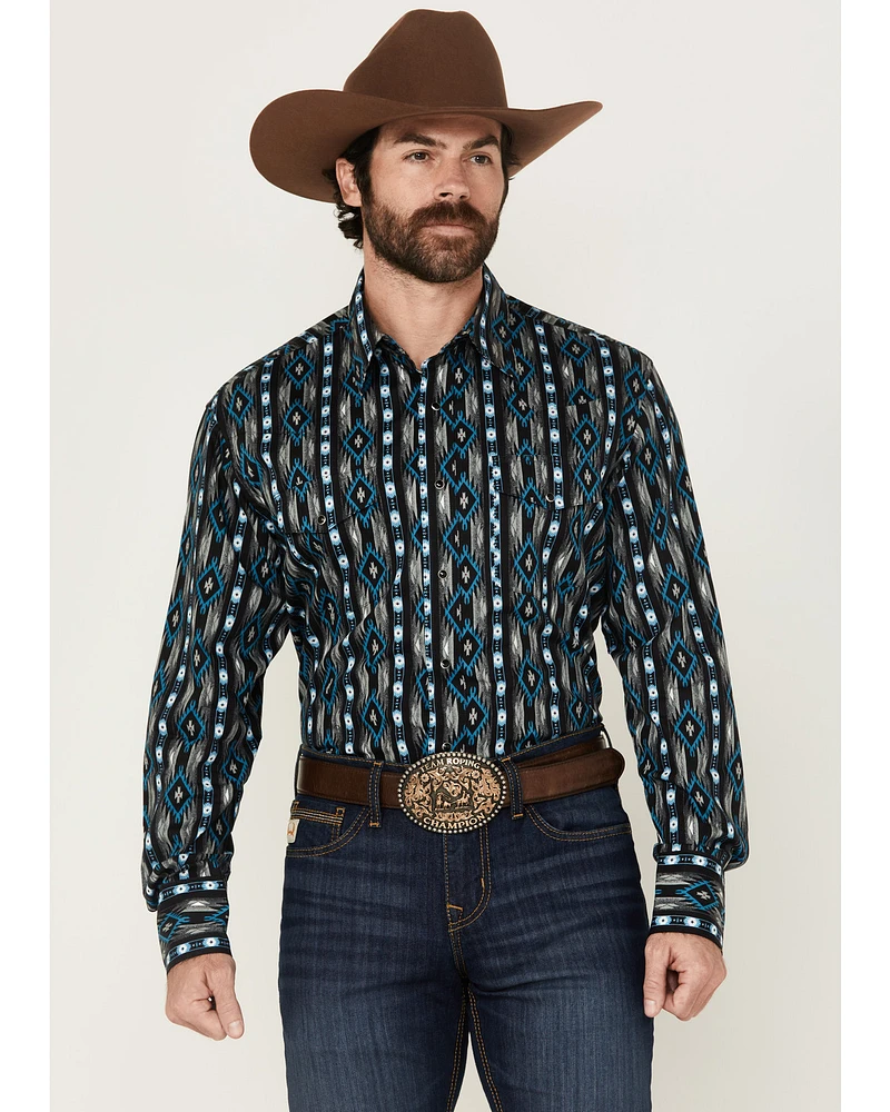 Wrangler Men's Checotah Southwestern Striped Long Sleeve Pearl Snap Western Shirt