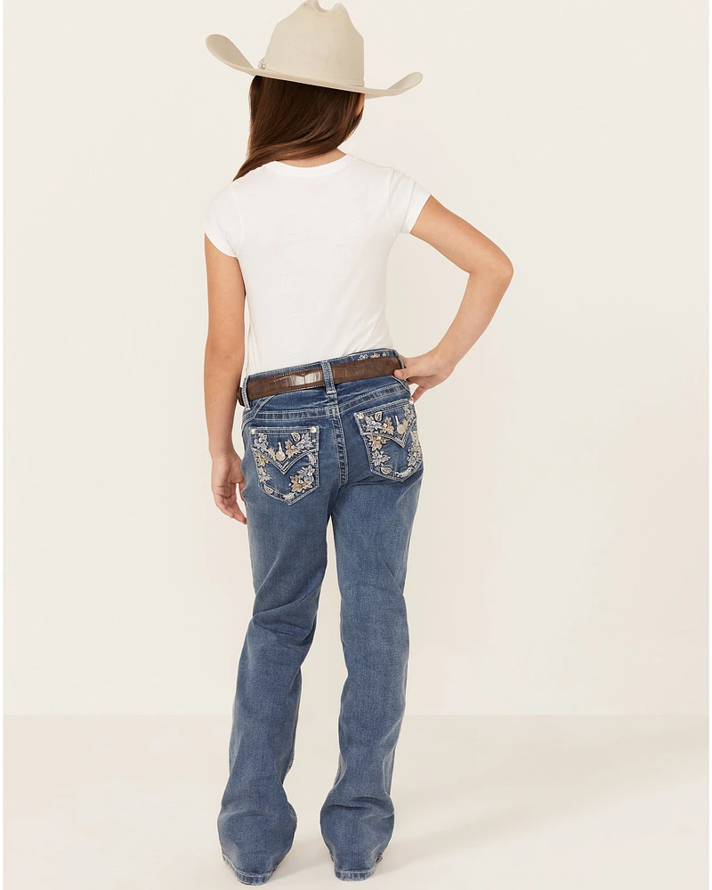 Miss Me Girls' Medium Wash Floral Border Bootcut Stretch Denim Jeans