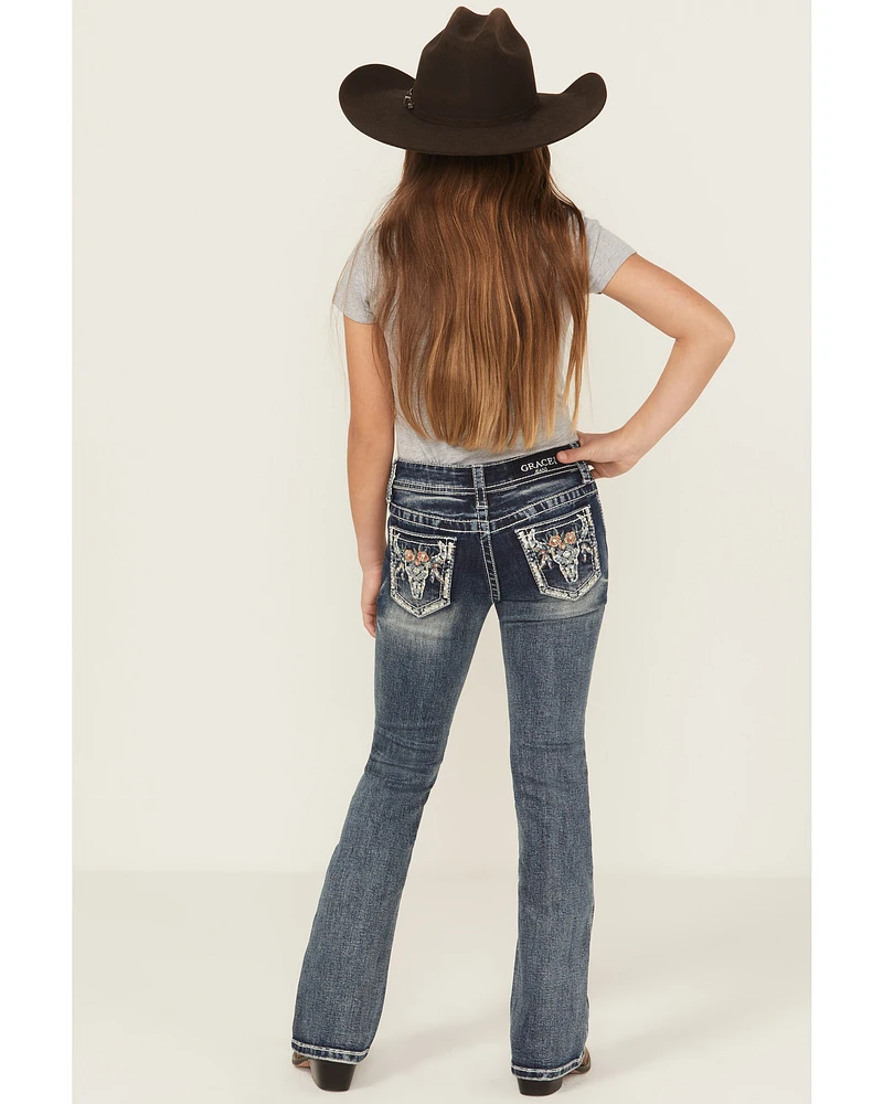 Grace La Girls' Floral Steerhead Embroidered And Embellished Bootcut Stretch Denim Jeans