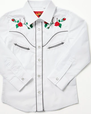 Rodeo Clothing Girls' Rose Horseshoe Embroidered Long Sleeve Pearl Snap Western Shirt