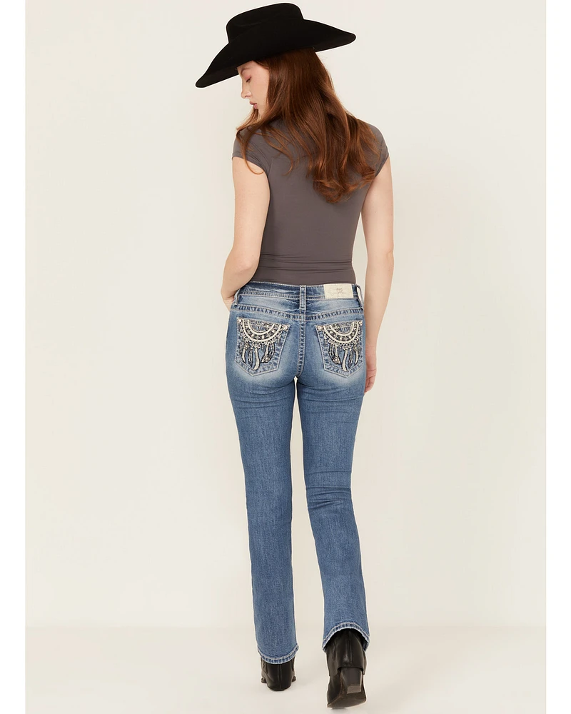Miss Me Women's Medium Wash Dream Catcher Embroidered Mid Rise 32" Bootcut Stretch Denim Jeans
