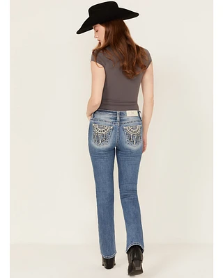 Miss Me Women's Medium Wash Dream Catcher Embroidered Mid Rise 32" Bootcut Stretch Denim Jeans