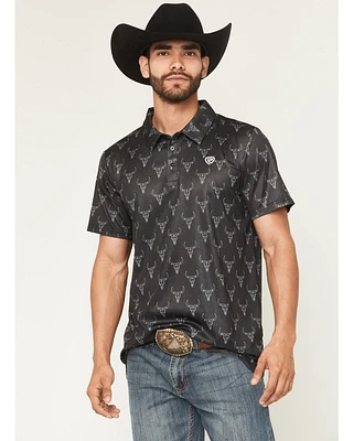 Rock & Roll Denim Men's Longhorn Print Short Sleeve Button-Down Stretch Polo
