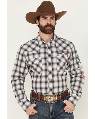 Wrangler Men's Plaid Print Logo Long Sleeve Snap Western Shirt - Tall