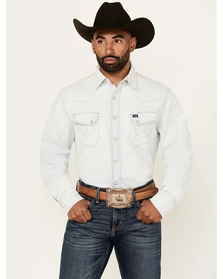 Wrangler Men's Light Wash Vintage Solid Long Sleeve Snap Western Shirt
