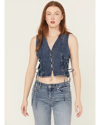 Saints & Hearts Women's Medium Wash Side Tie Button-Down Denim Vest