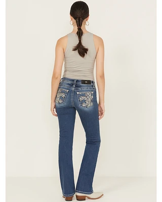 Miss Me Women's Medium Wash Mid Rise Fleur de Lis Pocket 32" Bootcut Stretch Denim Jeans
