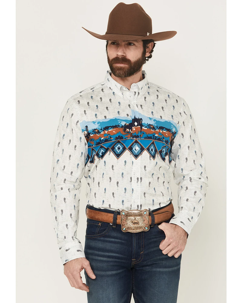RANK 45® Men's Gavin Border Print Long Sleeve Button-Down Stretch Western Shirt