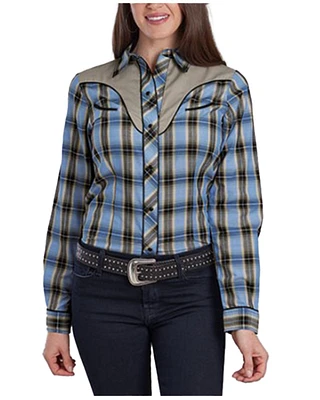 Roper Women's Plaid Print Embroidered Long Sleeve Snap Stretch Western Shirt