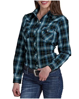 Roper Women's Windowpane Plaid Print Long Sleeve Snap Western Shirt