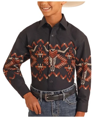 Panhandle Boys' Long Horn Border Print Sleeve Snap Western Shirt