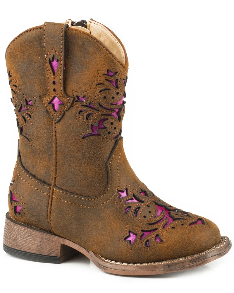 Roper Toddler Girls' Lola Brown Metallic Underlay Western Boots - Square Toe
