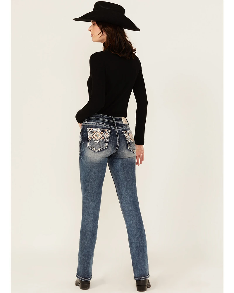 Grace LA Women's Medium Wash Geo Print Embroidered Mid Rise Bootcut Stretch Denim Jeans