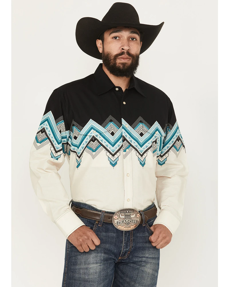 Panhandle Slim Men's Southwestern Border Print Long Sleeve Pearl Snap Western Shirt