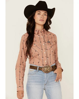 Wrangler Retro Women's Horseshoe Striped Print Long Sleeve Snap Western Shirt