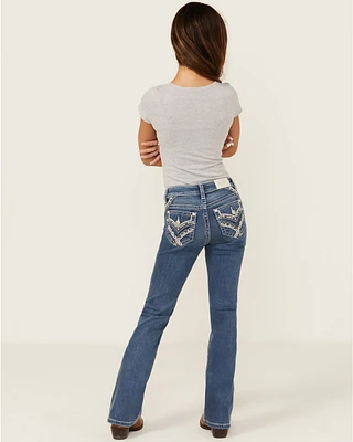 Miss Me Girls' Medium Wash Crisscross Faux Flap Pocket Bootcut Stretch Denim Jeans