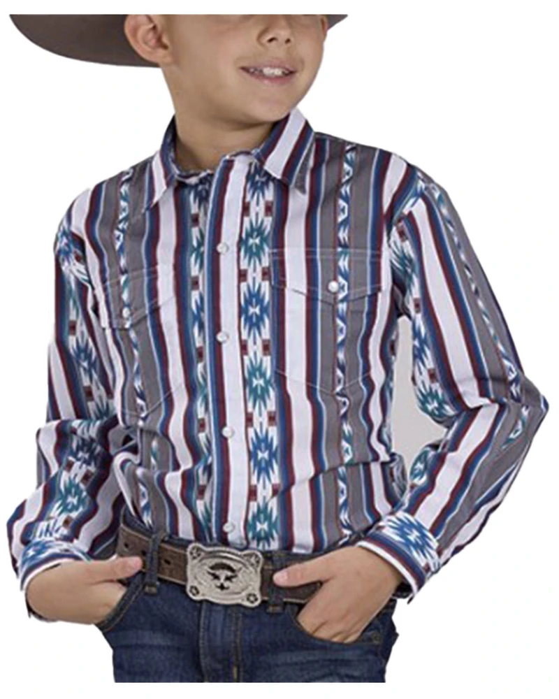 Roper Boys' Checotah Southwestern Striped Long Sleeve Pearl Snap Western Shirt