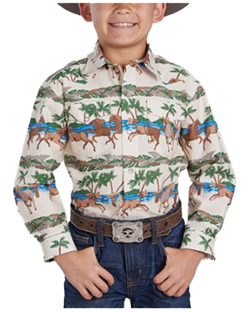 Roper Boys' Beach Horses Printed Long Sleeve Pearl Snap Western Shirt