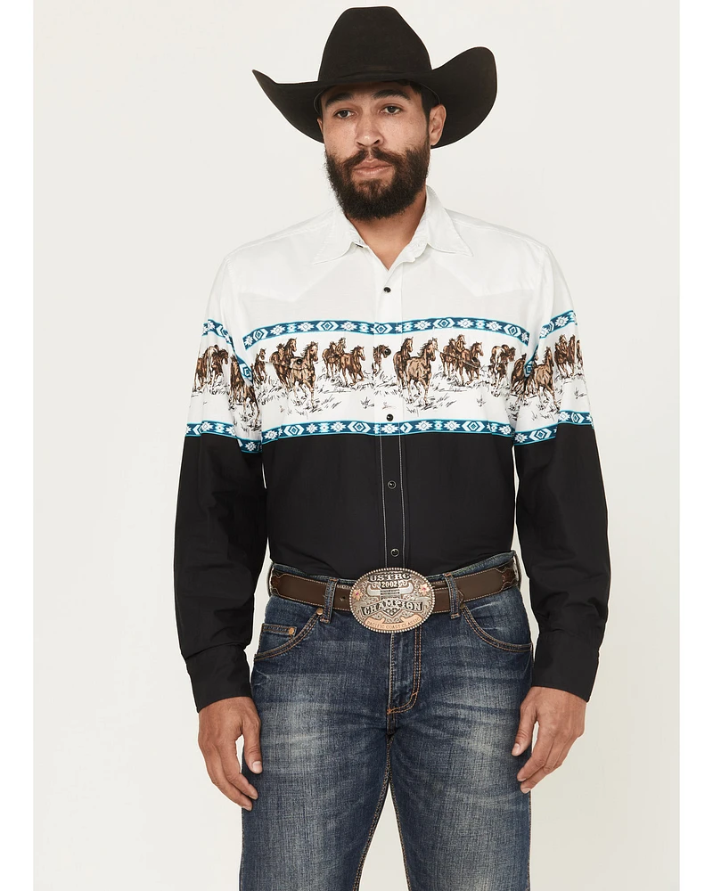 Roper Men's Horse Border Print Long Sleeve Snap Western Shirt