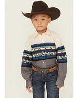 Roper Boys' Southwestern Striped Border Print Long Sleeve Pearl Snap Western Shirt