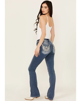 Miss Me Women's Medium Wash Mid Rise Wing Pocket 32" Bootcut Stretch Denim Jeans