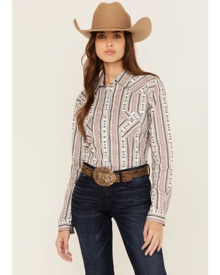 Rough Stock by Panhandle Women's Southwestern Striped Long Sleeve Pearl Snap Stretch Western Shirt