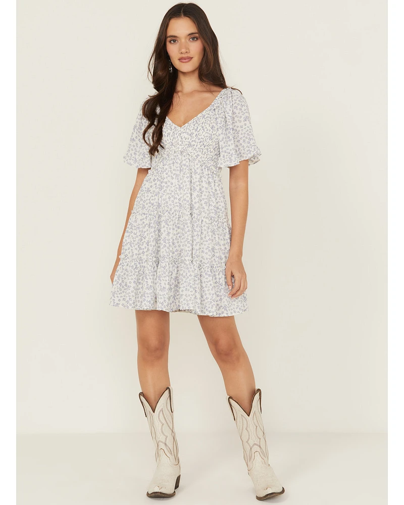 Yura Women's Floral Print Short Sleeve Tiered Mini Dress