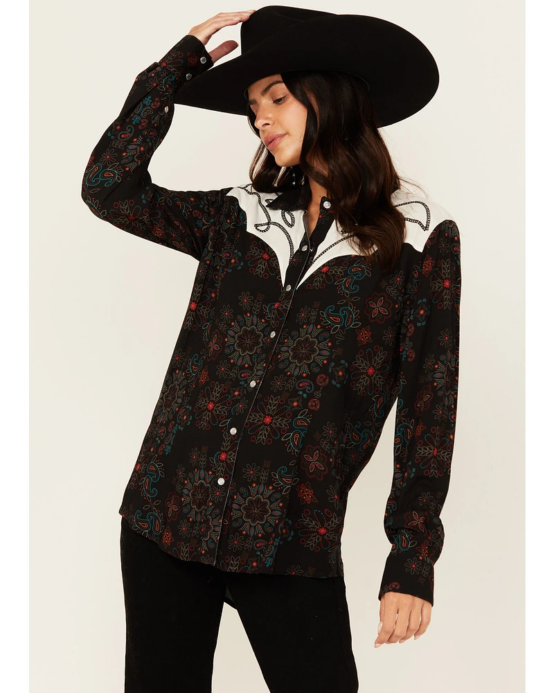 Panhandle Women's Floral Print Embroidered Long Sleeve Snap Western Shirt