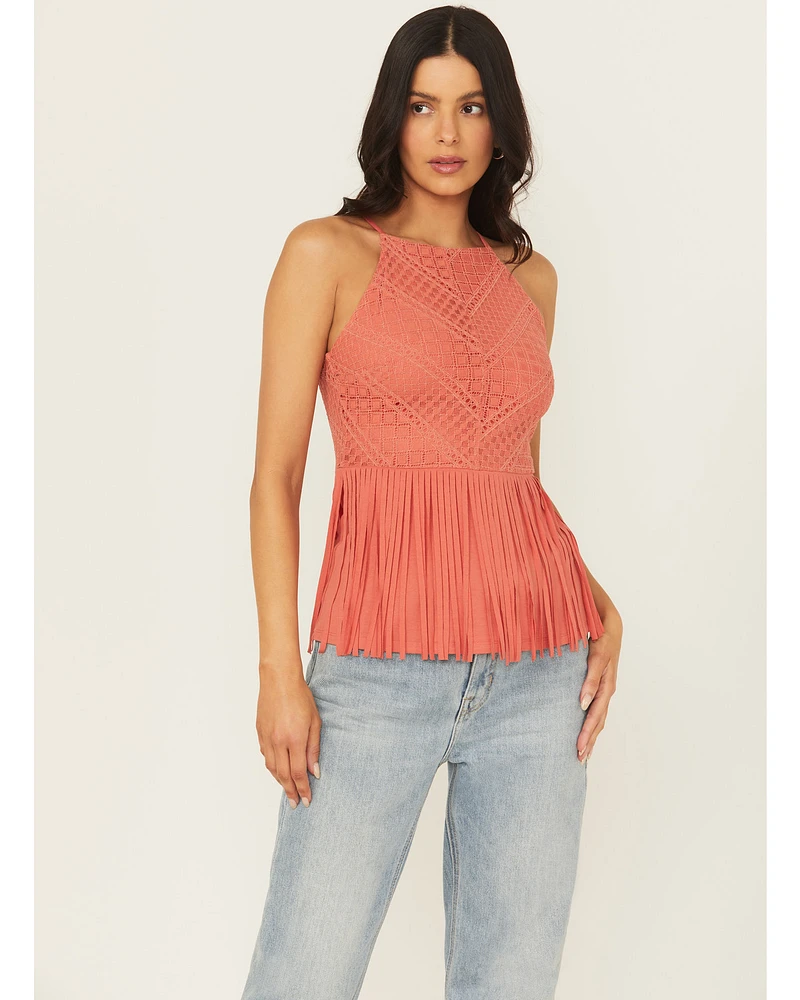 Shyanne Women's Stretch Lace Halter Fringe Tank